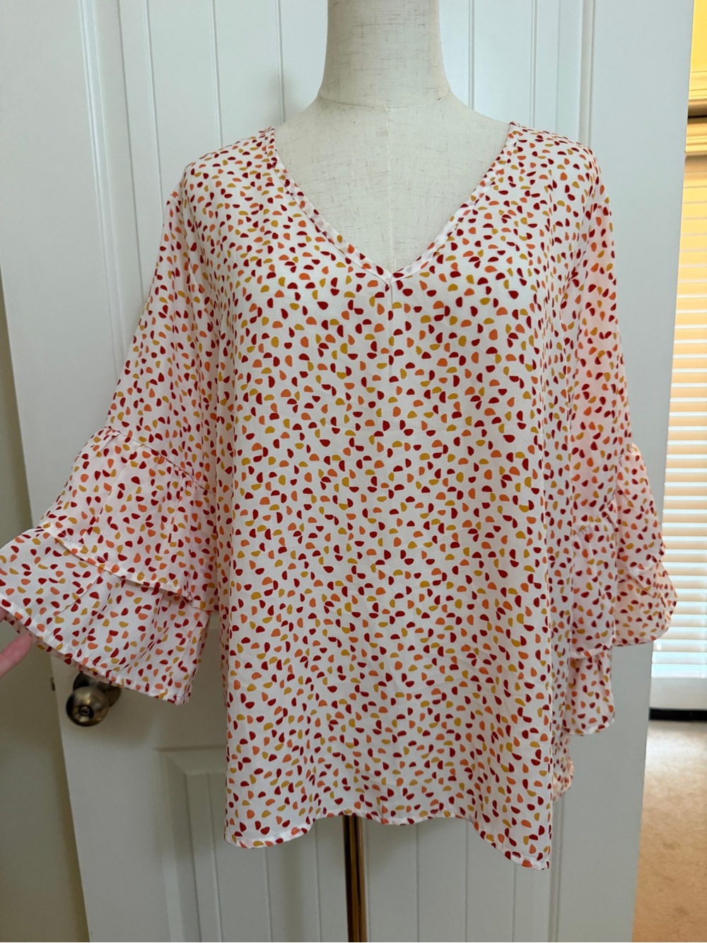 Women's V-Neck Ruffle Sleeve Blouse - White with Red & Yellow Print